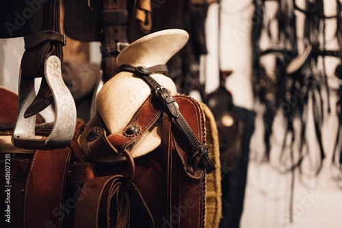Closeup of a selection of horse-riding equipment.