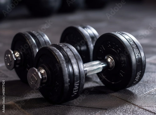 two small black dumbbells lie on the gym floor. Generative AI