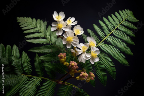 A photo capturing Mimosa hostilis (Jurema), showcasing its fern-like leaves, white flowers, and the presence of DMT.  Generative AI technology. photo