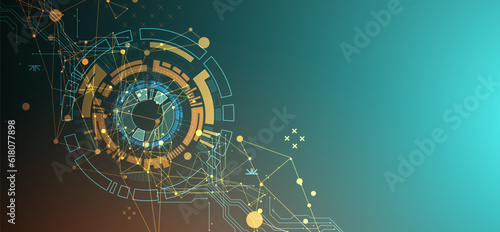 Abstract background with plexus effect. Scientific and technological concept with the use of technical elements formed in the shape of a circle.