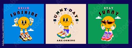 Sun with eyes, hands and legs. Funny cartoon characters wearing big sneakers, cool stylish shoes, socks. Set of three cards, posters. Retro style. Hand drawn trendy Vector illustration