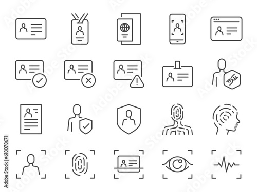Identity icon set. It included ID card, passport, driving license, authorization, and more icons. Editable Vector Stroke.
