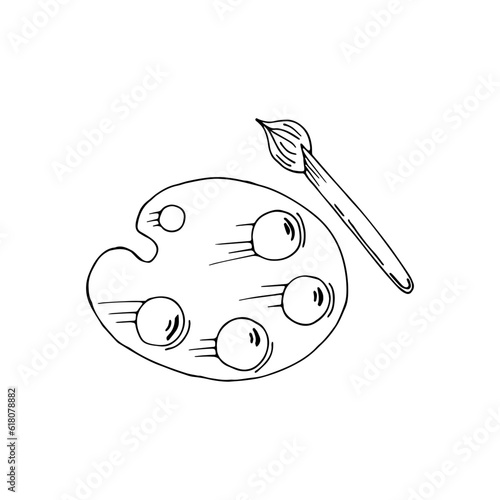 Education, back to school, stationery.Palette with paints and brush in doodle style on isolated white background.