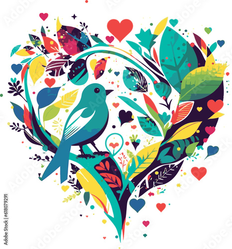 Vector illustration featuring a heart-shaped design composed of flowers and foliage with a bird
