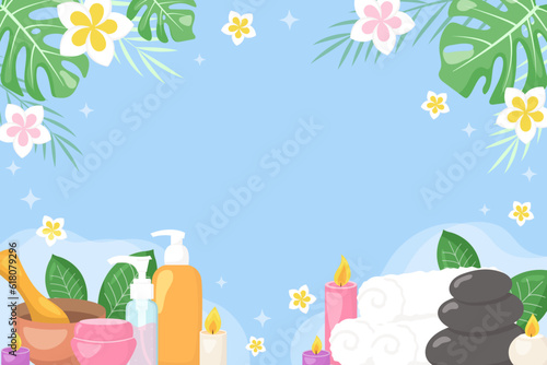 Vector beauty spa salon background template. Towels, cosmetics products, black hot stones, tropical leaves, flowers on blue background. Beauty industry, massage service flyer, brochure, sale coupon.