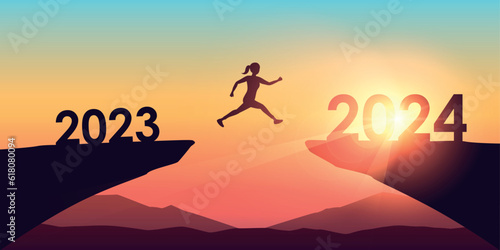 woman jumping over a cliff from 2023 to 2024 on sunny background vector illustration EPS10