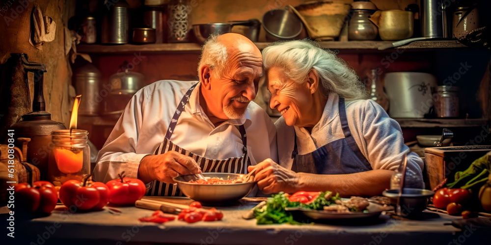 old couple cooking a delicious and healthy meal together in their kitchen.