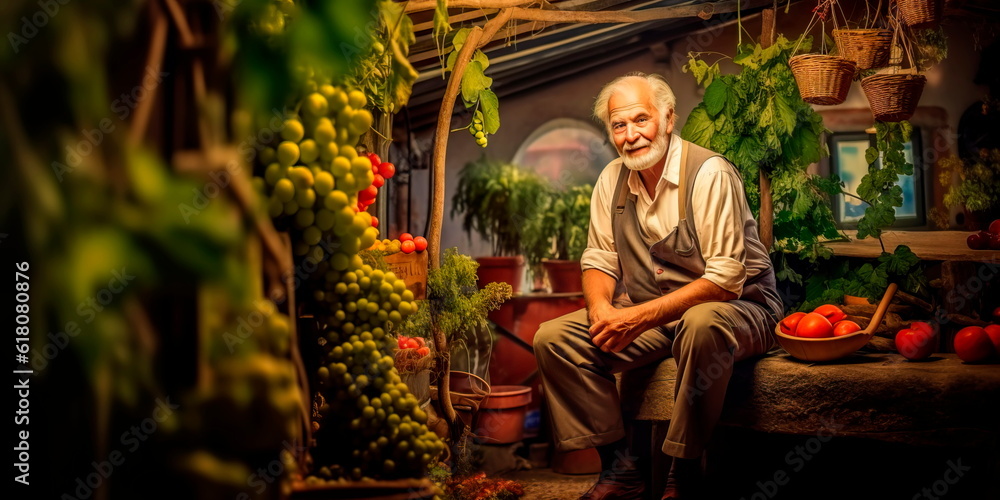 old man growing organic vegetables and fruits in his garden