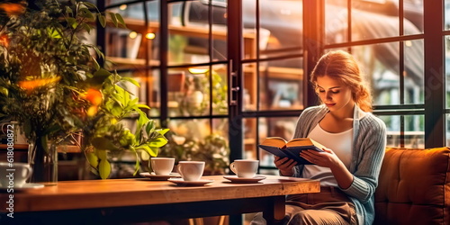 young woman reading a book in a cozy coffee shop with large windows.