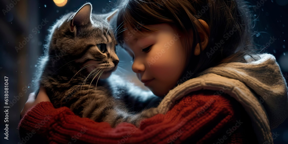 child and their beloved cat, as they share a tender hug and express their unconditional love and bond on International Cat Day. Generative AI