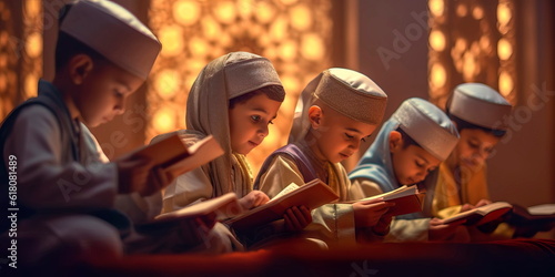 Muslim children engaged in a Quran recitation competition, showcasing their memorization skills and dedication Generative AI photo