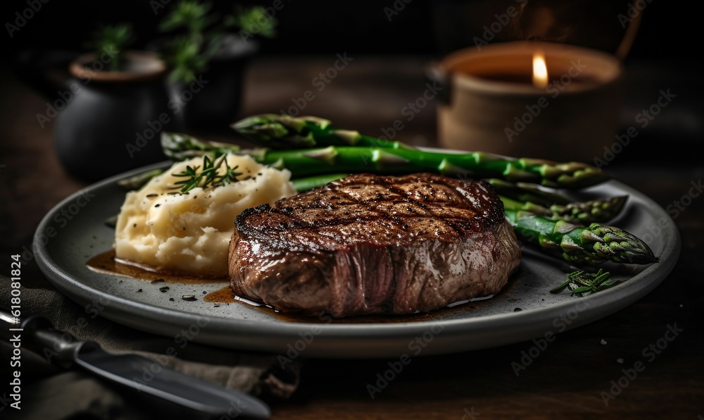 AI-generated illustration of a steak with mashed potatoes and bright green asparagus spears. AI-generated illustration of a steak with mashed potatoes and bright green asparagus spears.