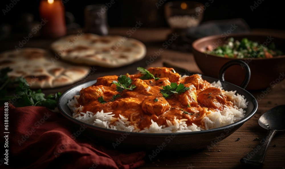 AI-generated illustration of a plate of food with rice, chicken, and vegetables. AI-generated illustration of a plate of food with rice, chicken, and vegetables.