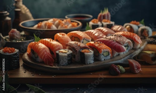 AI-generated illustration of a sushi platter filled with a variety of sushi rolls.
