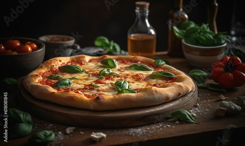 a pizza topped with basil leaves is sitting on a table