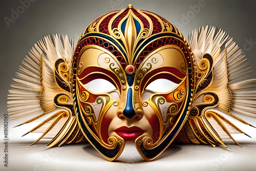 Realistic luxury carnival mask with colorful feathers.