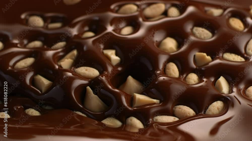 Slow motion of small pieces of hazelnuts falling into the brown melted chocolate Slow motion of small pieces of hazelnuts falling into the brown melted chocolate