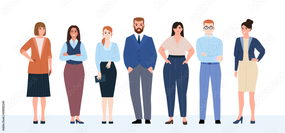 Fototapeta premium Business team, staff. Office workers in office clothes stand in a row. Friendly business team