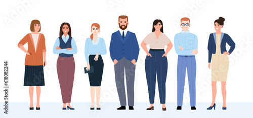 Business team, staff. Office workers in office clothes stand in a row. Friendly business team