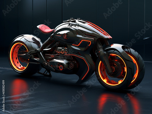 3D illustration of a future motorcycle equipped with the latest features. Aerodynamic sports style.
 photo