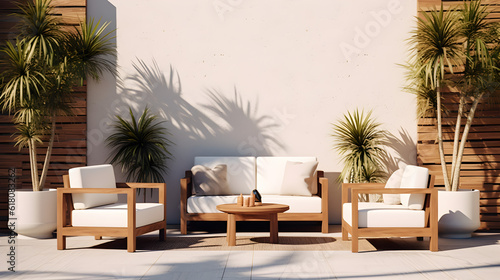 an outdoor living room set of two chairs, two couches, and a small planter with a tropical looking wall Generative AI