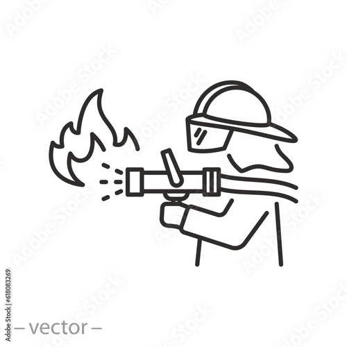 firefighter icon, fireman puts out the fire, thin line symbol - editable stroke vector illustration
