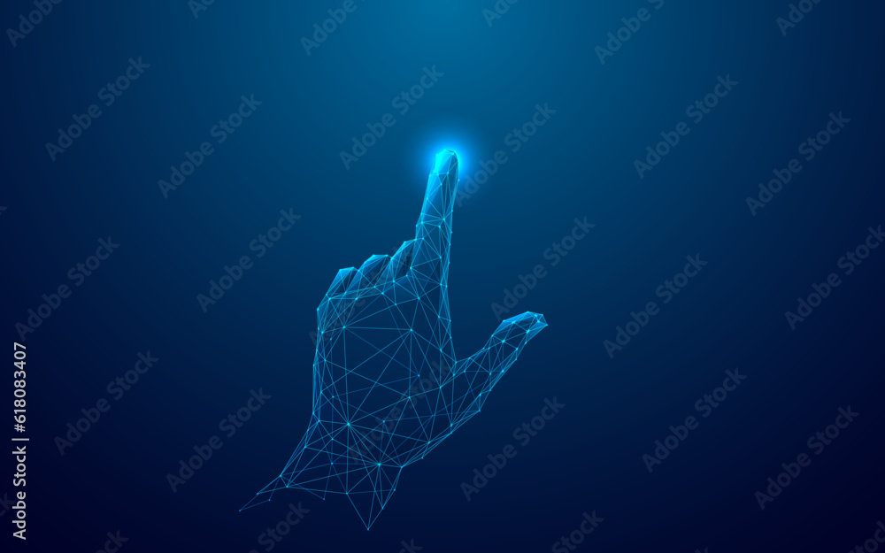 Abstract Digital Human Hand Touching on Glowing Dot. Low Poly Vector Illustration on Dark Blue Technological Background. Light Wireframe Connection Structure. Futuristic Technology Concept. 