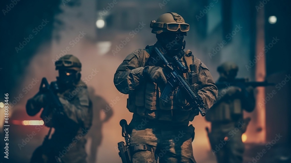 AI generated illustration of armed military people in formation, wearing protective gas masks AI generated illustration of armed military people in formation, wearing protective gas masks