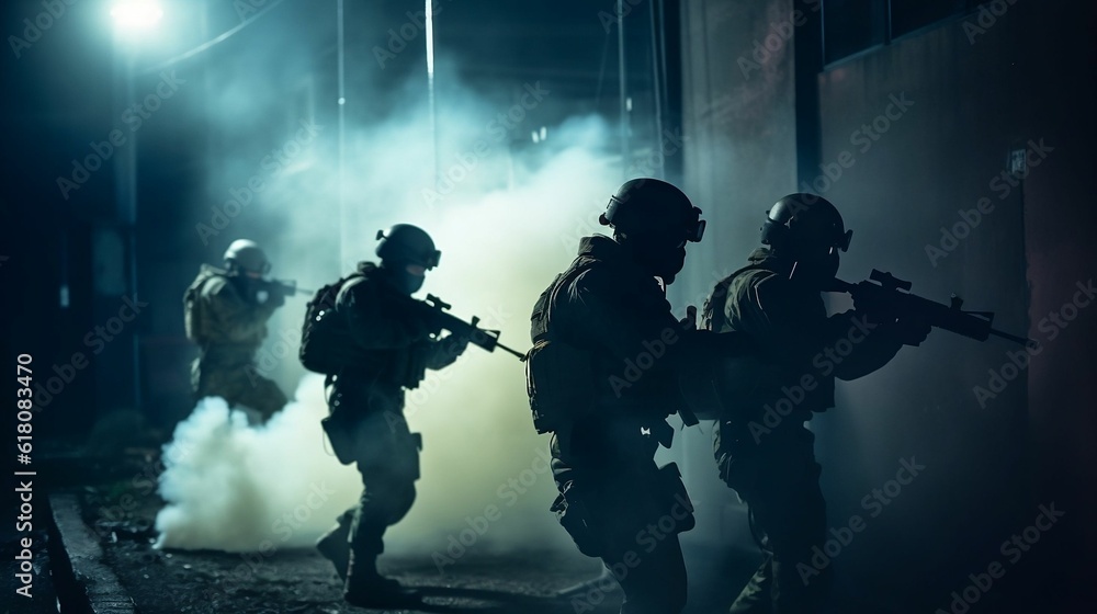 AI generated illustration of men dressed in military gear walking down a street in the night AI generated illustration of men dressed in military gear walking down a street in the night