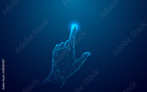 Abstract Digital Human Hand Touching on Glowing Dot. Low Poly Vector Illustration on Dark Blue Technological Background. Light Wireframe Connection Structure. Futuristic Technology Concept. 