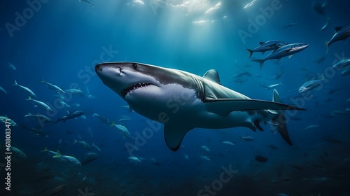 AI generated illustration of a majestic great white shark swimming through a tropical ocean © Beubeu/Wirestock Creators