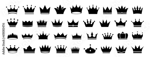 Black crown icon collection. Set of black crown icons. King and queen crown icon collection