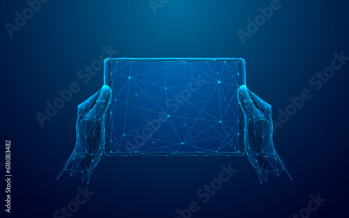 Abstract Digital Hands-Holding Tablet with Empty Screen. Close Up Modern Device in Hands. First Person View. Technology Concept. Low Poly Wireframe Vector Illustration. Starry Sky Style in Dark Blue.