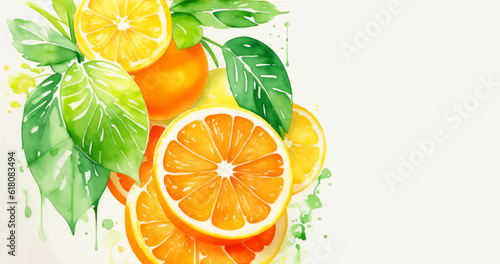 Watercolor Ripe Orange Fruit Illustration with Green Leaves and Colorful Paint Splash Isolated on White Background. Aquarelle Wallpaper Design for Banner, Poster, Invitation, Menu or Card.