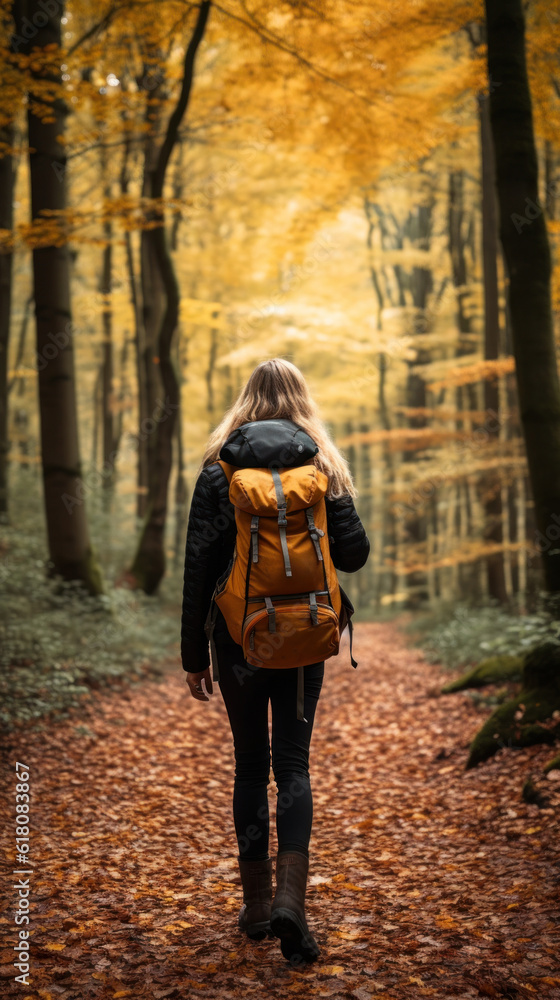 A Young Woman in Hiking Gear Walking a Trail in a Beech Forest During Autumn A Young Woman in Hiking Gear Walking a Trail in a Beech Forest During Autumn