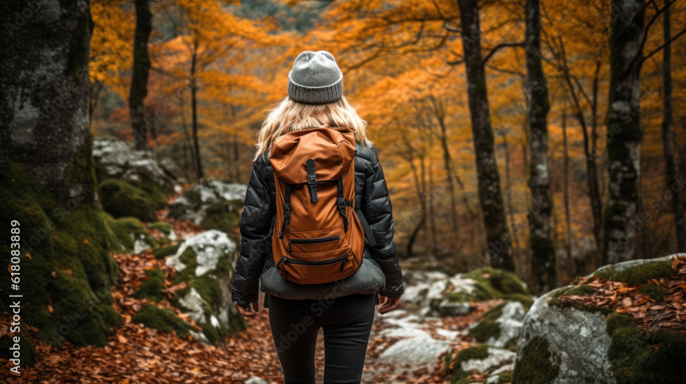 A Young Woman in Hiking Gear Walking a Trail in a Beech Forest During Autumn