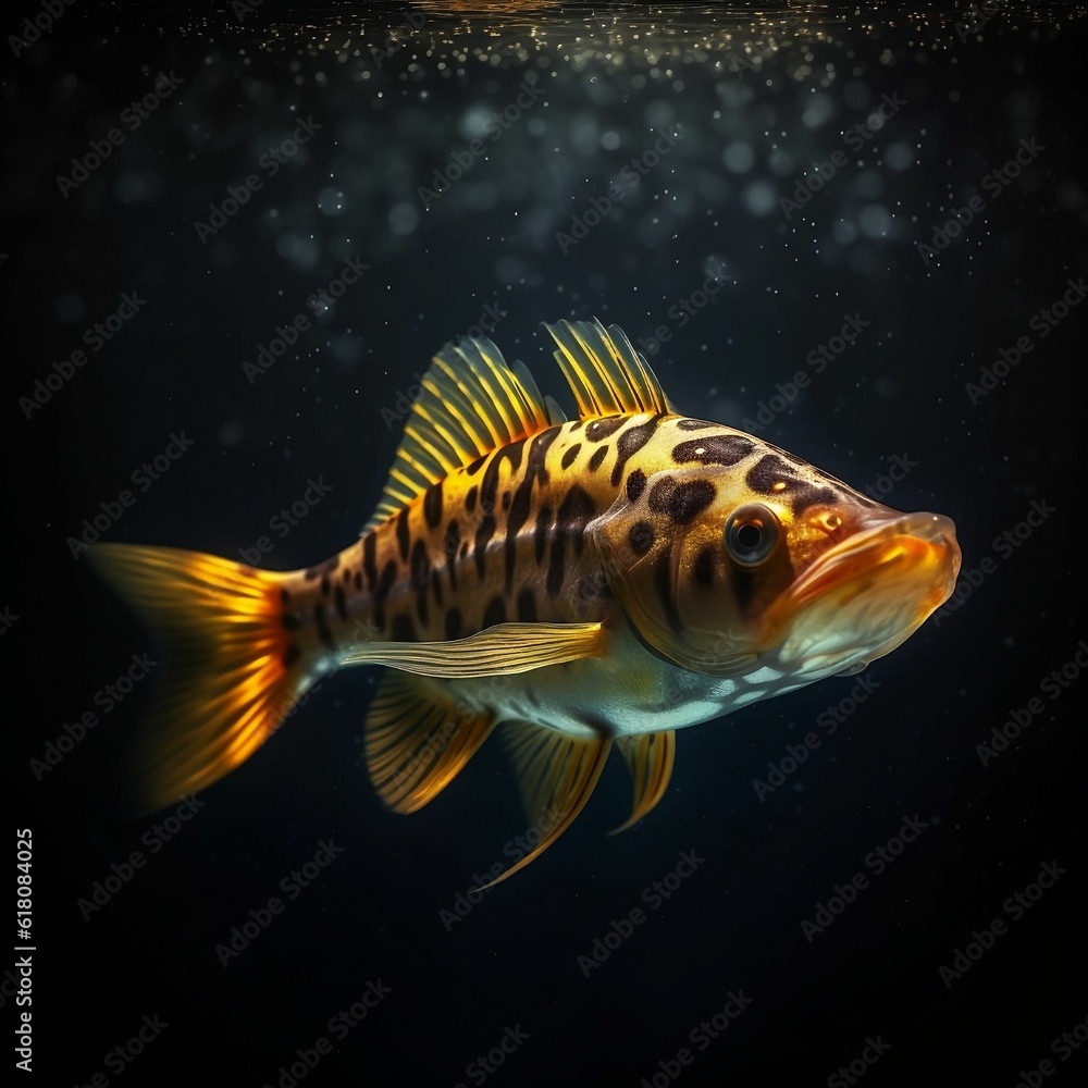 AI generated illustration of a bass fish swimming through the water with bubbling air AI generated illustration of a bass fish swimming through the water with bubbling air
