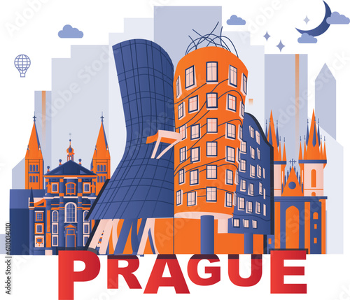 Prague culture travel set, European famous architectures, Czech in flat design. Business travel and tourism concept clipart. Image for presentation, banner, website, advert, flyer, roadmap, icons