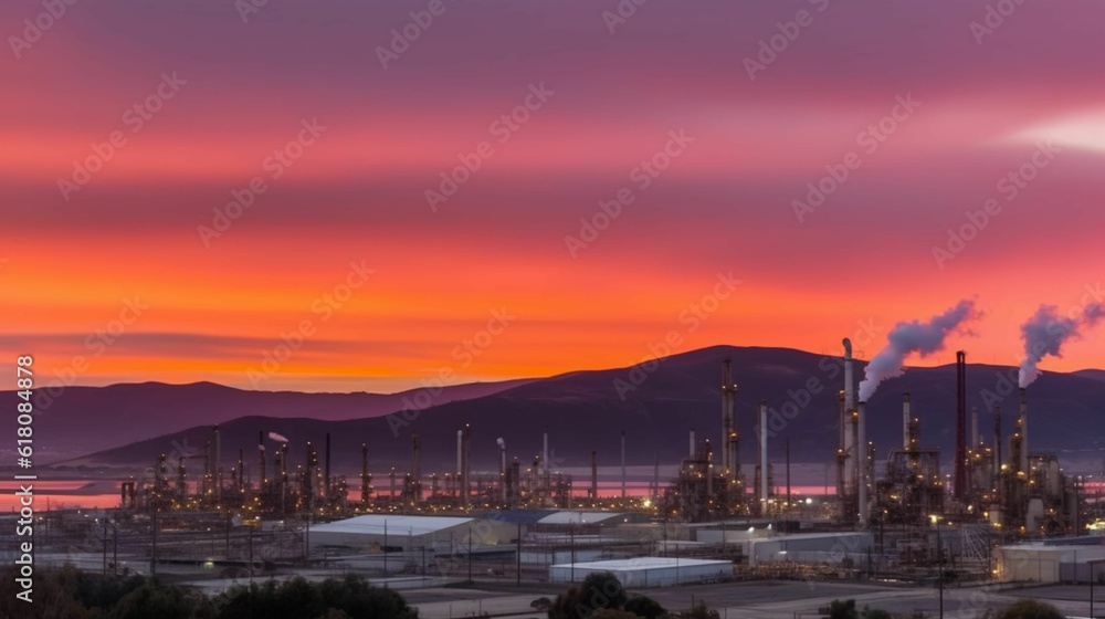 a sunset view of an oil refinery and mountains with fog in the sky