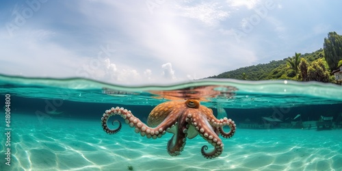 big octopus swims near the surface of water © tan4ikk