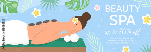 Vector beauty spa salon banner template. Woman lies on hot stone massage, tropical leaves, flowers on blue background. Beauty industry, massage service flyer, brochure, sale coupon