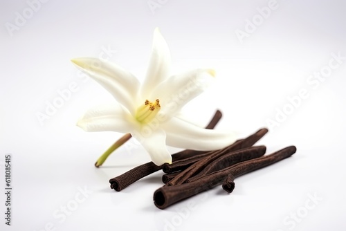 Aromatic vanilla sticks with a flower on a white background.