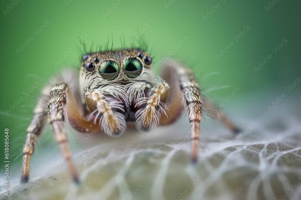 AI-generated illustration of a jumping spider on a green background. AI-generated illustration of a jumping spider on a green background.