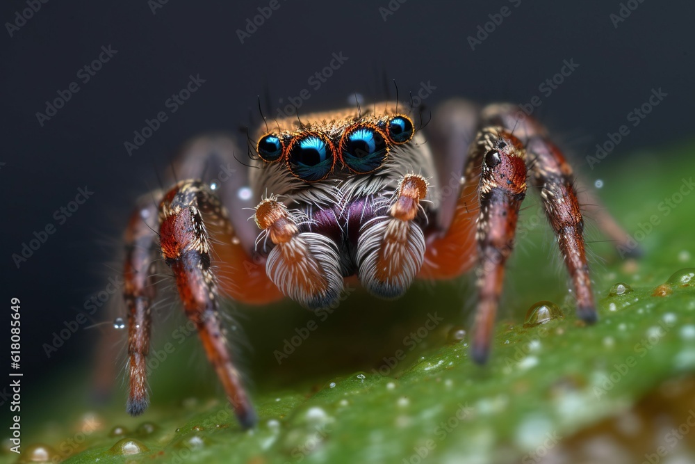 AI-generated illustration of a jumping spider on a green leaf with dew drops. AI-generated illustration of a jumping spider on a green leaf with dew drops.