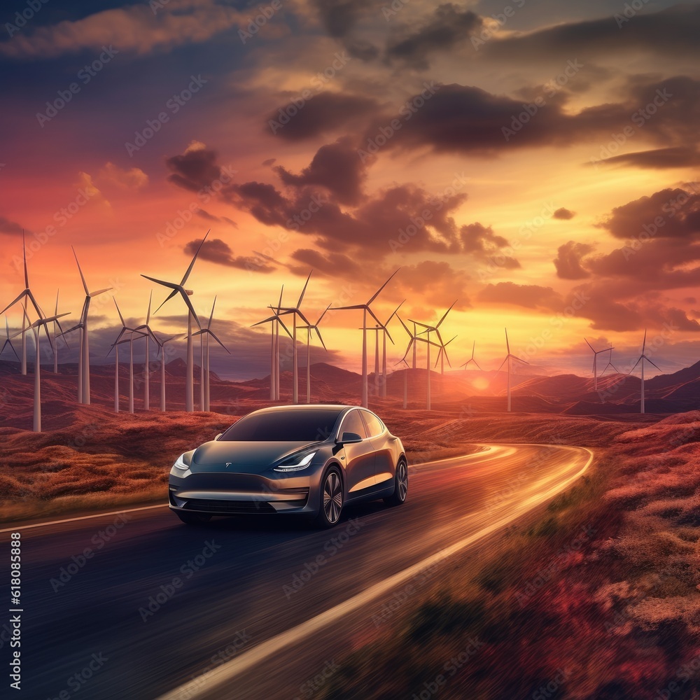 Electric car is going on road to wind turbines with sunset in nature. Generative Ai