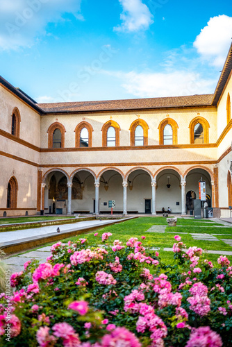 Loggia, or courtyard, of the Elephant, with pool, meadow and colonnade, in the Castello Sforzesco (