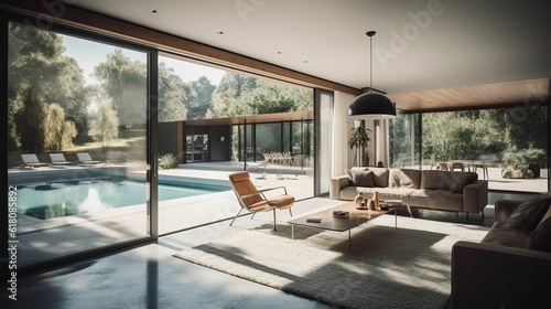 AI-generated illustration of a modern living room featuring a tranquil pool in the background. © Amotor/Wirestock Creators