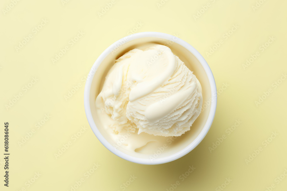 Top view of delicious vanilla milk ice cream in a round white vase isolated on a light pastel yellow background. Copy space for text. Generative AI photo. Top view of delicious vanilla milk ice cream in a round white vase isolated on a light pastel yellow background. Copy space for text. Generative AI photo.