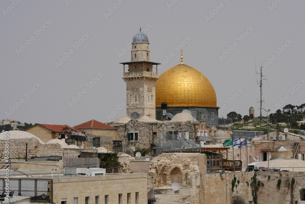Aerial view of the dome of the Rock and a minaret, in the Old City of Jerusalem