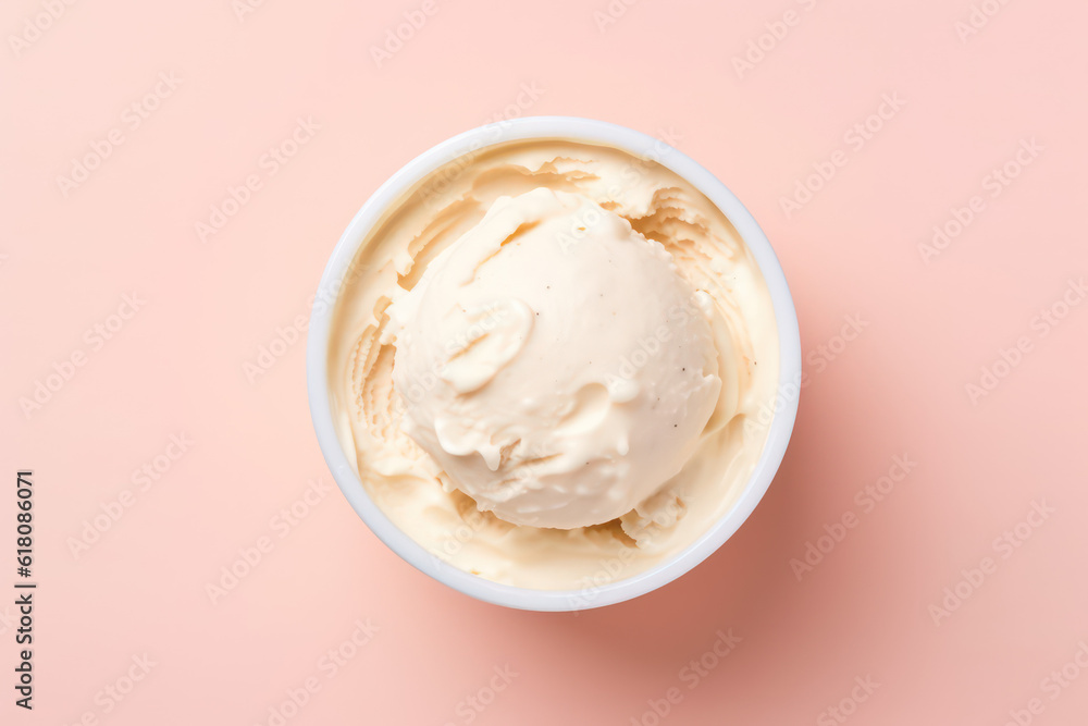 Top view of delicious vanilla milk ice cream in a round white vase isolated on a light pastel pink background. Copy space for text. Generative AI photo. Top view of delicious vanilla milk ice cream in a round white vase isolated on a light pastel pink background. Copy space for text. Generative AI photo.